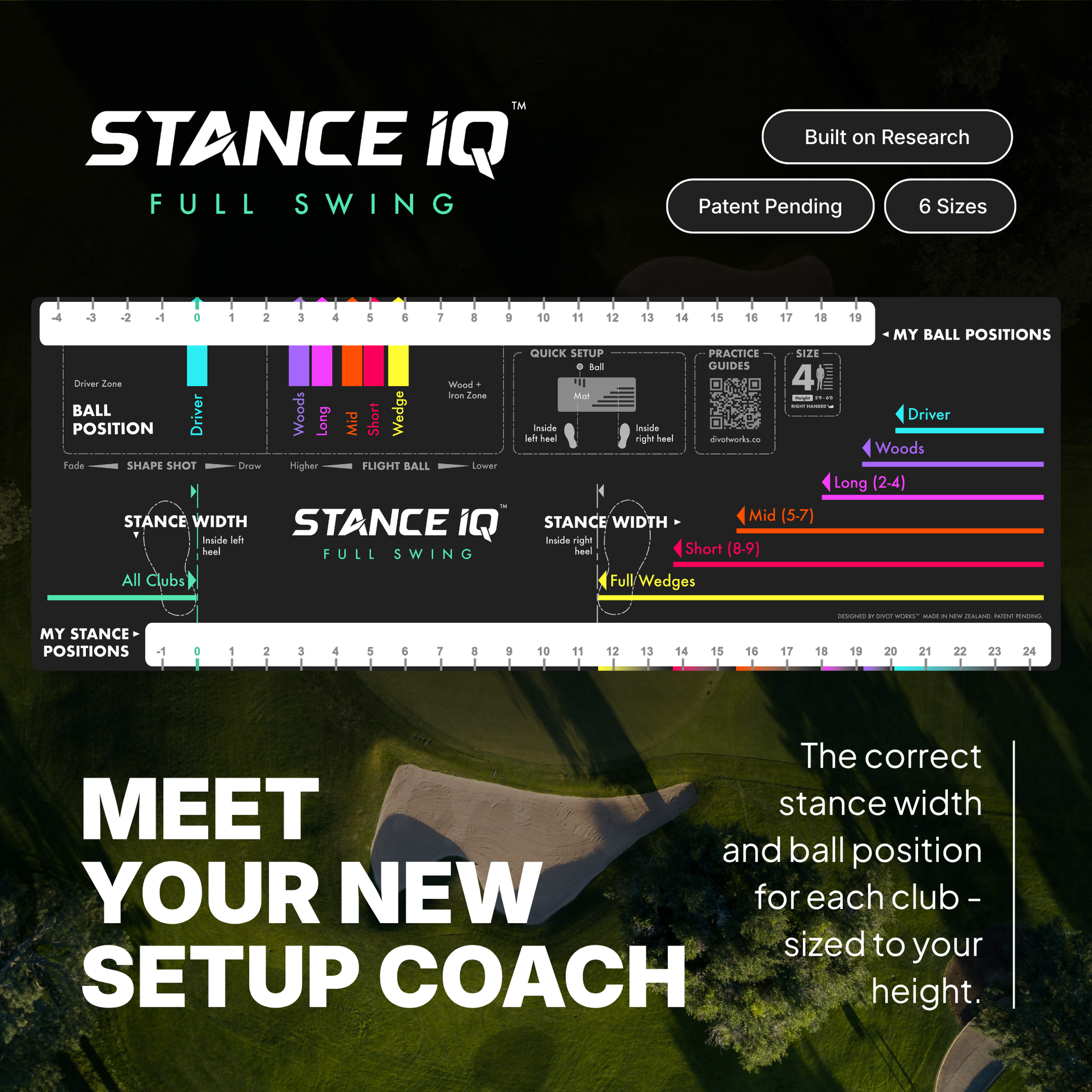 Stance IQ Golf Training Mat with golf course background and 'Meet your new setup coach' text. 